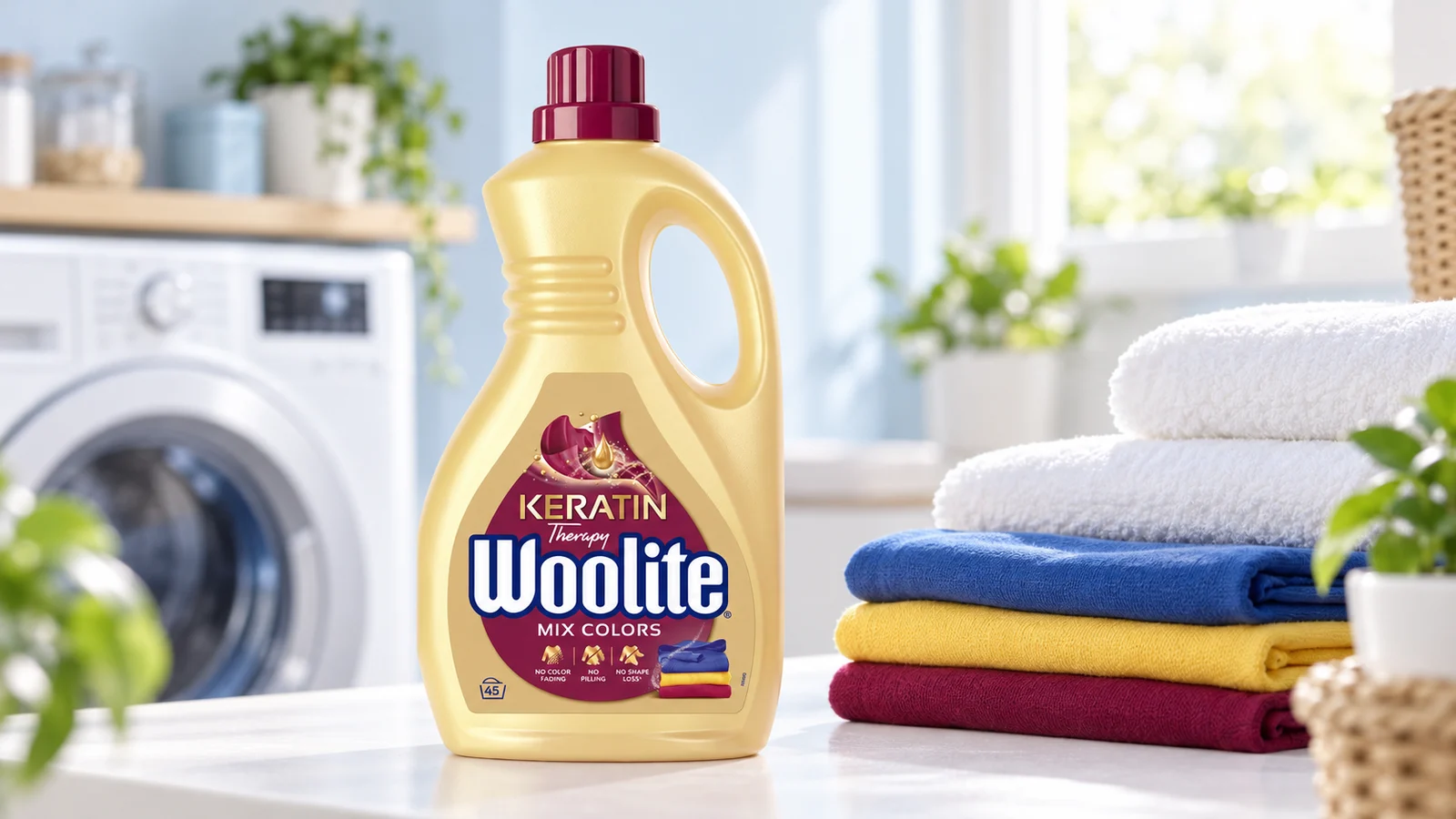 Banner Woolite Keratin pentru rufe colorate, într-o cameră de spălat
