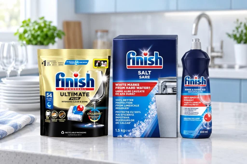 Capsule, sare și soluție de clătire Finish pentru bucătărie