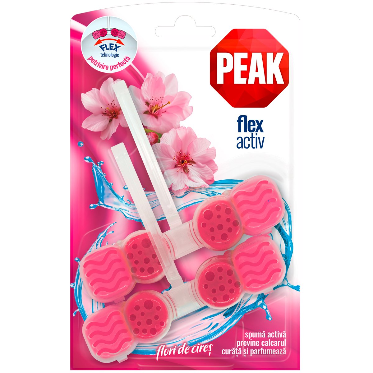 Odorizant solid pentru toaleta, Peak Flex Activ Flori de Cireș, 2 x 48 g