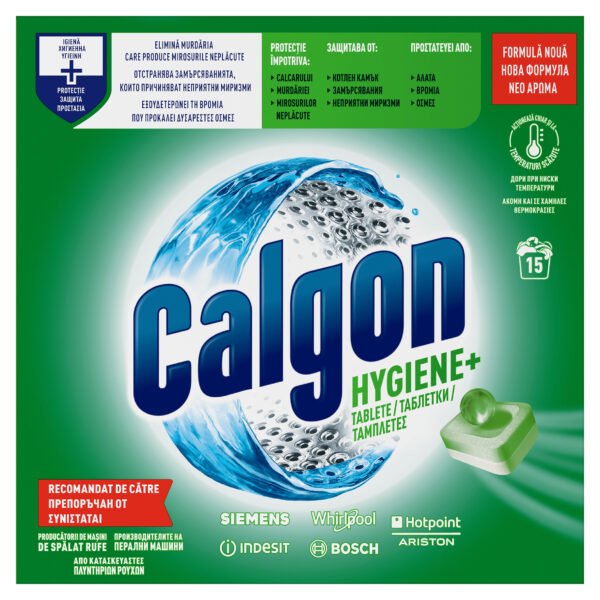 Tablete anticalcar cu rol igienizant pentru mașina de spălat Calgon Hygiene+, 15 tablete